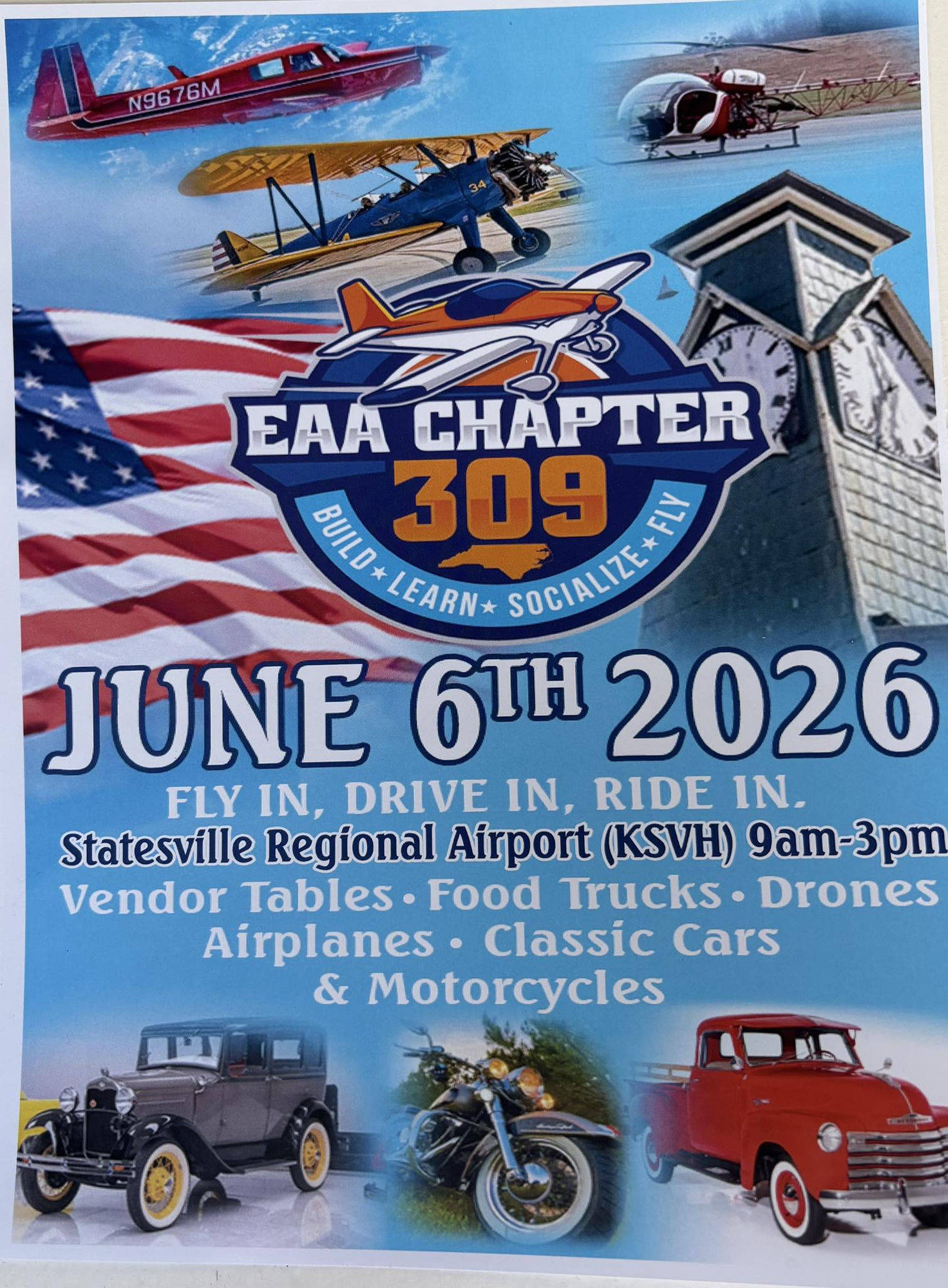 EAA Chapter 309 Memorial Fly-In - Kelly Brady Memorial Fly-In - June 6th, 2026, Statesville Regional Airport KSVH, 9am-3pm